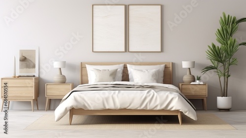 Modern scandinavian and Japandi style bedroom interior design with bed white color. Wooden table and floor, mock up frame wall. 3d render. High quality 3d illustration © SAJAWAL JUTT