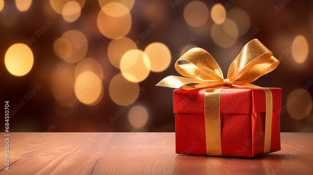 Red gift wrapped with golden shiny ribbon and bow on wooden rustic table, ai generative