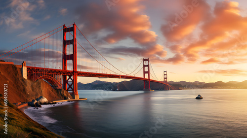 Golden Gate Bridge panorama, San Francisco California, sunset light. generative ai. photo