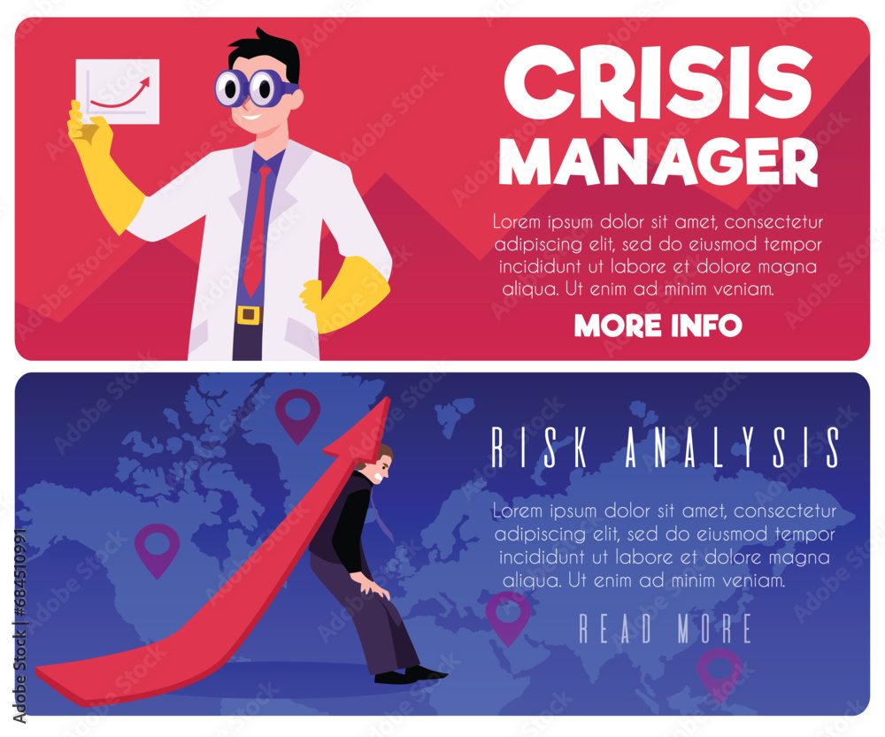 Obraz premium Crisis management vector landing page set, crisis manager looking for success strategy to achievement or identify risk
