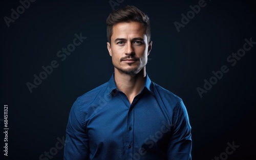 Corporate Charisma: Confident Businessman in Blue Dress Shirt on Dark Background