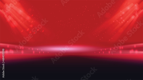 Abstract red lighting tech background stadium stage hall with scenic lights of round futuristic technology half black vector empty stage spotlight background.