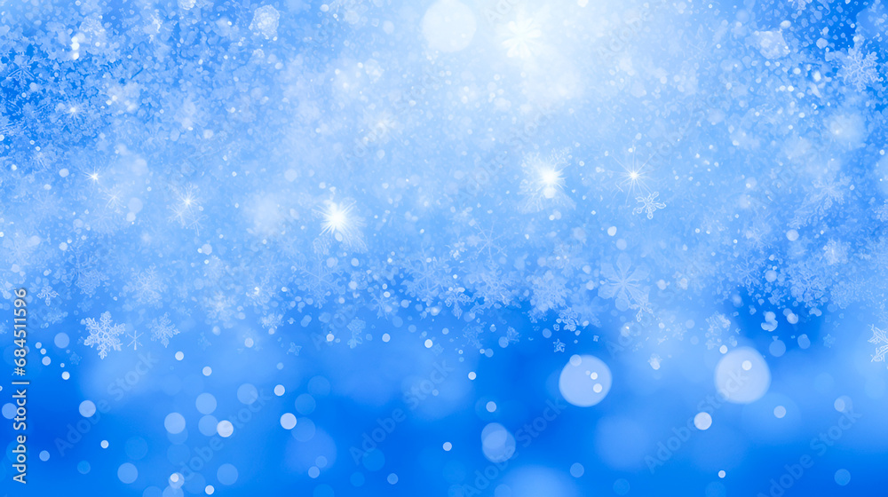 Blue background with snowflakes. Soft focus, blurring. Banner