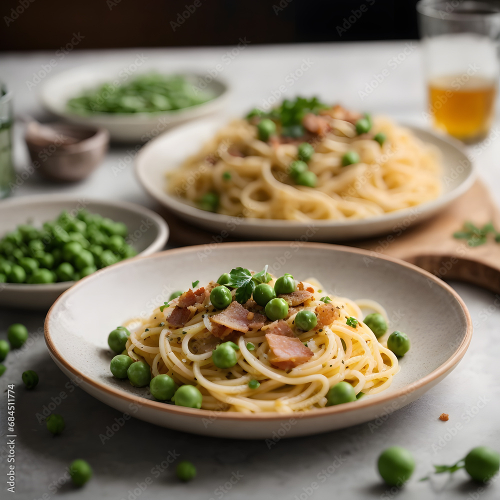 Spaghetti Carbonara with Pancetta and Peas - A Creamy Italian Delight Spaghetti Carbonara with Pancetta and Peas - A Creamy Italian Delight