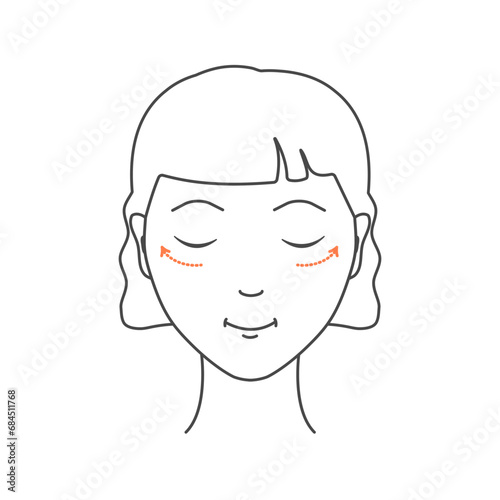Blepharoplasty plastic surgery to reduce fine lines and eye wrinkles. Anti-age face lifting massage for rejuvenation and radiant look. Beaty and wellbeing concept. Vector linear illustration.