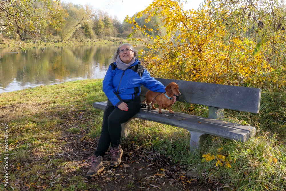 Fototapeta premium Senior hiker taking a break, sitting on wooden bench with her dog, river surrounded by autumn trees in background, Belgian nature reserve De Wissen Maasvallei, sunny day in Dilsen-Stokkem, Belgium