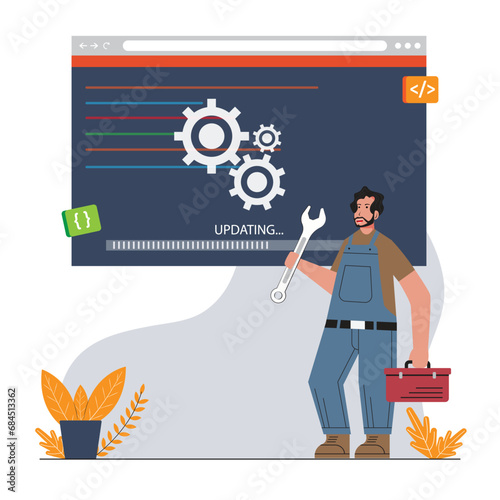 A man is doing application maintenance. upgrade website security. premium maintenance vector illustration