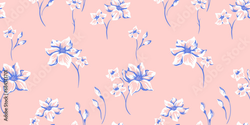 Vector hand drawn sketch flowers seamless pattern. Abstract brush floral pink pastel print. Ornament for cloth, interior decor, textile, wallpaper, fabric, fashion