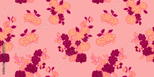 Seamless pattern with creative bouquets of flowers with leaves. Stylized floral beige mood. Vector hand drawn sketch. Template for textile, fashion, print, surface design, paper, cover, fabric