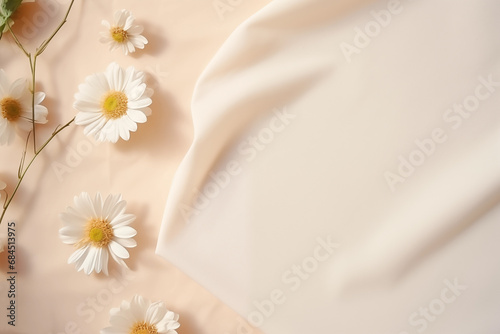 Chamomile daisy flowers on a beige background with copy space, Floral background, Generative AI