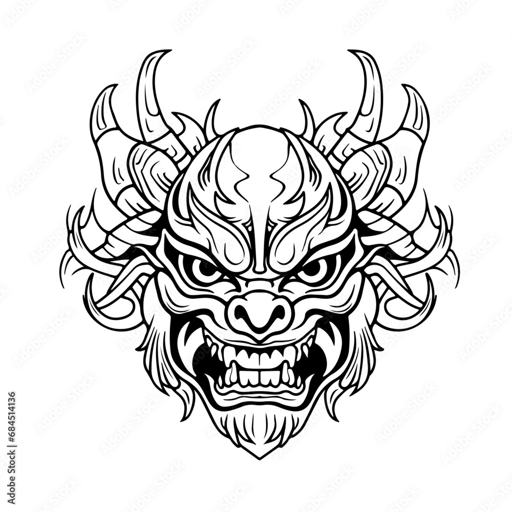 Samurai Oni Wrath: Angry Tribal Demon Head in Black Vector