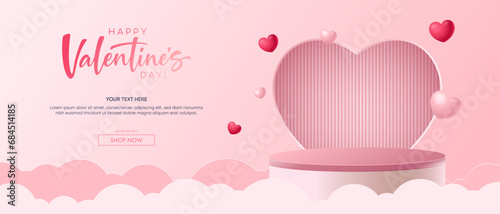Realistic pink 3D cylindrical podium with heart shaped background for valentine's day banner. Valentine's day minimal scene for products showcase, Promotional display. Vector room platforms. photo