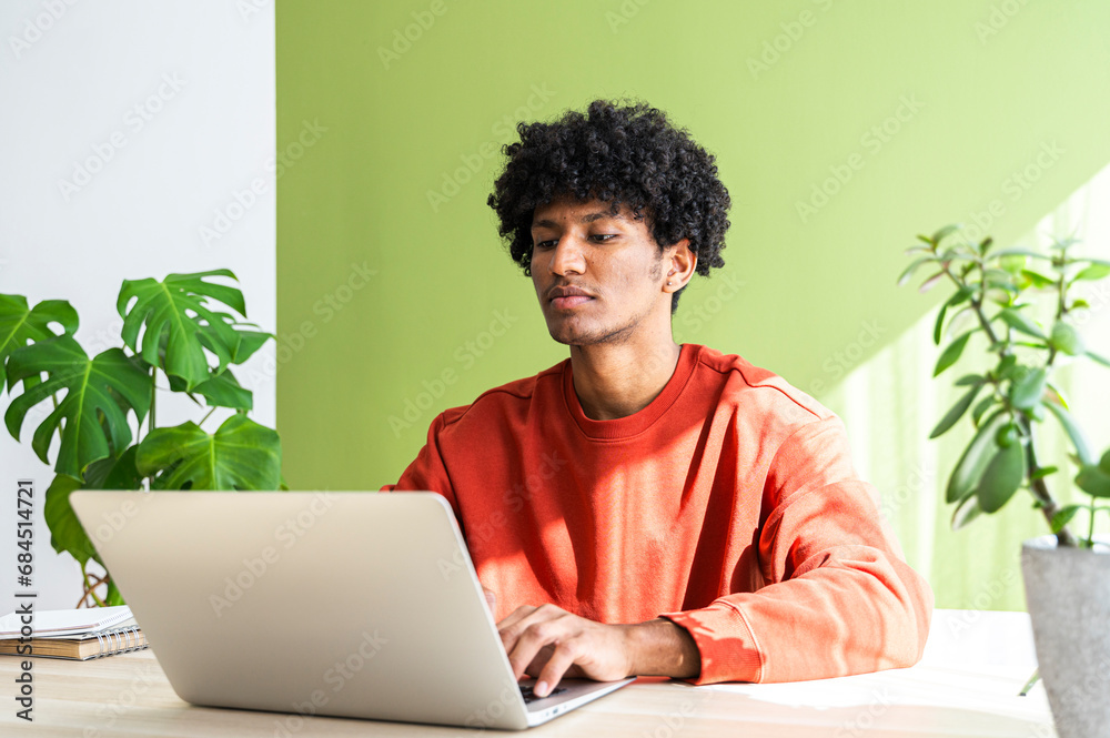 Businessman with curly hair working on laptop at home office