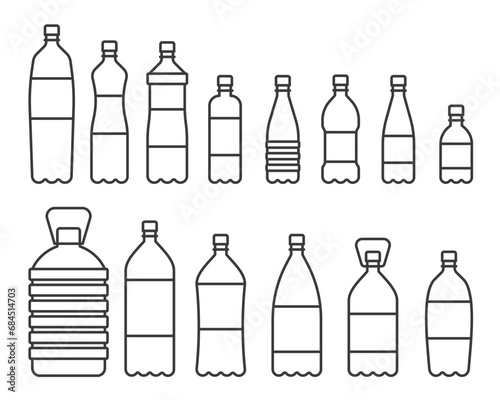 Bottle icon set line design. Bottle, plastic, water, icon, recycling, empty bottle vector illustrations. Bottles editable stroke icons