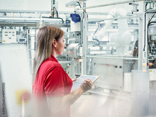 Technician with tablet PC examining machine in factory