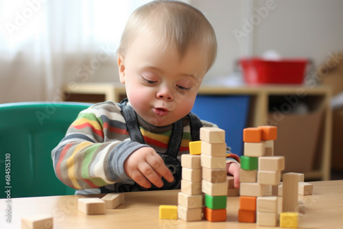 Wallpaper Mural A boy with Down's syndrome lays out geometric shapes. child plays at school. rehabilitation of a disabled child. Torontodigital.ca
