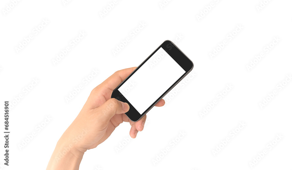 Hand holding smartphone device touching screen Hand holding smartphone device touching screen