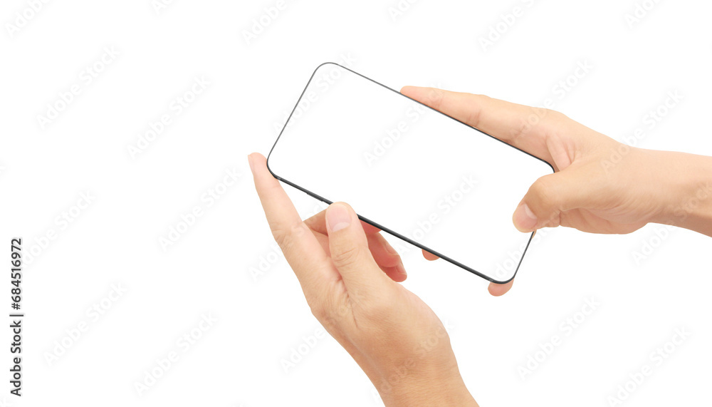 Hand holding smartphone device touching screen Hand holding smartphone device touching screen
