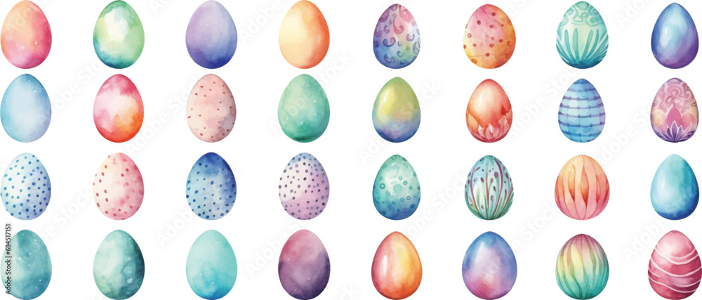 Set of watercolor Easter eggs on white background.