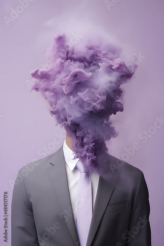 Purpule fumes hanging from a mans head