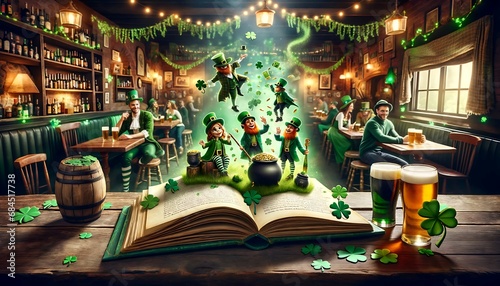 Saint-Patrick : leprechaun et son chaudron de pièces d’or , évoquant l'esprit et les traditions de l'Irlande, parfait pour la promotion d'événements ou des festivités Irlandaise de la St Patrick photo