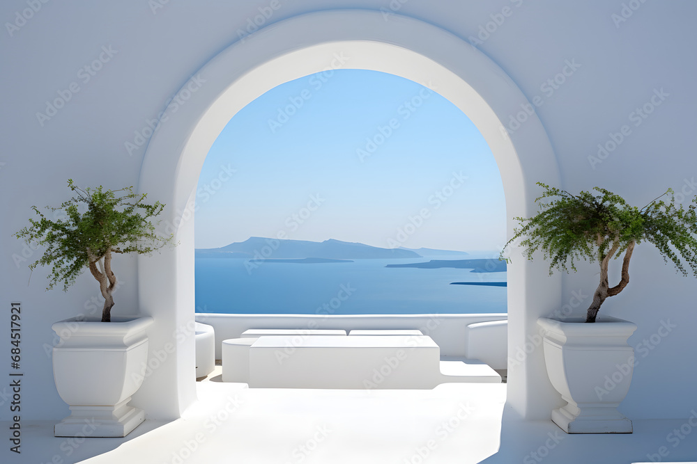 minimalism arch gate view to the sea beach living santorini island style. generative ai. - obrazy, fototapety, plakaty 