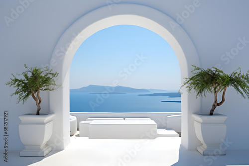 minimalism arch gate view to the sea beach living santorini island style. generative ai.