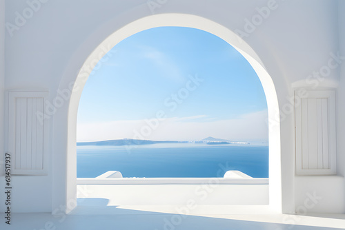 minimalism arch gate view to the sea beach living santorini island style. generative ai. © mfz