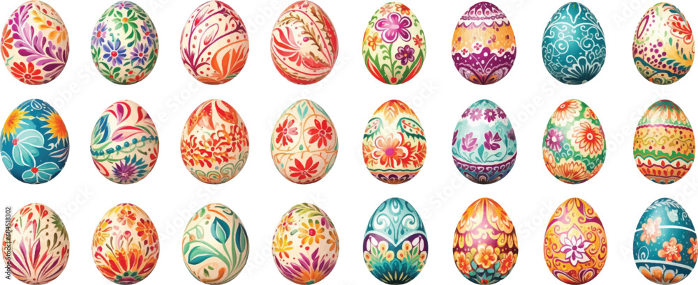 Set of watercolor Easter eggs on white background.