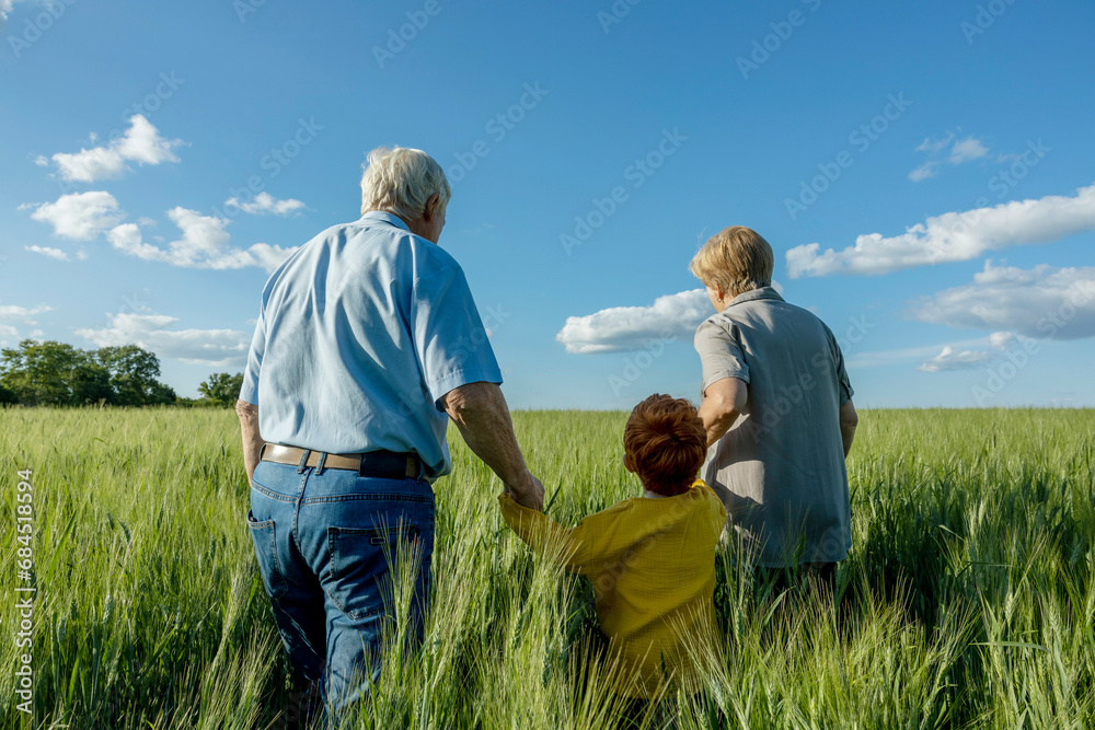 Elderly couple holding hands of grandson walking in field Elderly couple holding hands of grandson walking in field