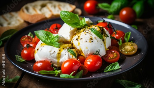 Delicious italian caprese salad with tomatoes, Caprese salad with mozzarella cheese, tomatoes and basil photo