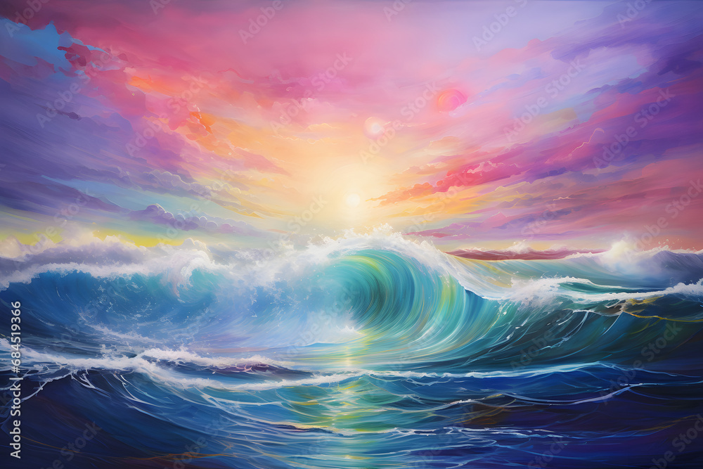 Oil painting artistic image of floating sea waves in the clouded sky with rainbow colours of universe and glow stars. generative ai.