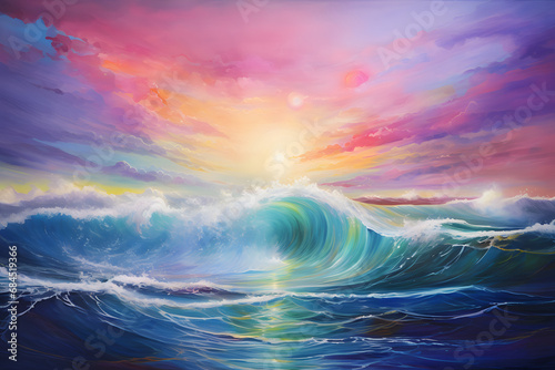 Oil painting artistic image of floating sea waves in the clouded sky with rainbow colours of universe and glow stars. generative ai.