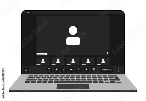 Videocall interface, video call screen icons and UI template for laptop, vector overlay. Video conference or videocall online chat mockup for laptop application with call buttons