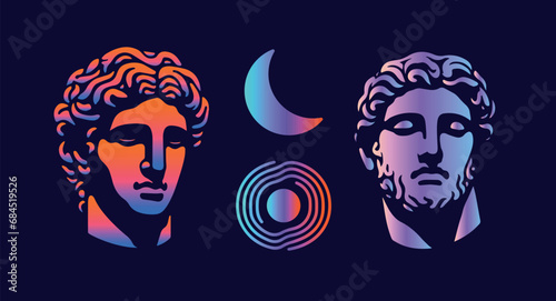Beautiful antique Greek faces of male sculptures. Neon gradient. Moon and sun signs