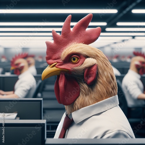Corporate job call center Employee Hybid with Rooster animal character HyperRealistic Illustration photo