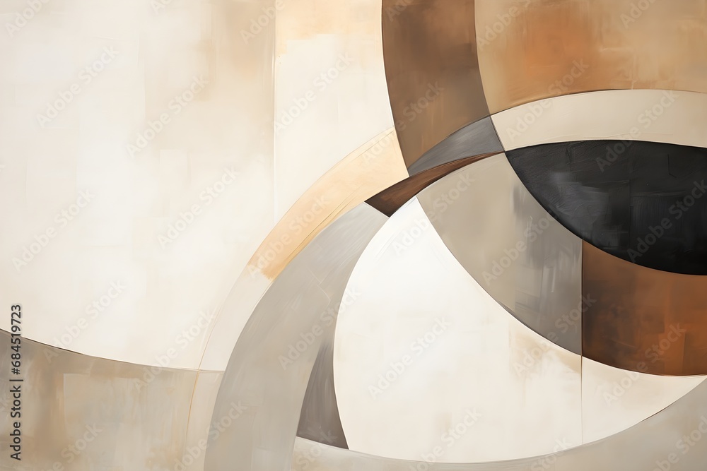 Fototapeta premium Mid Century Biege, grey, black and brown Bauhaus oil painting boho wall art HD Circles squares arches rectangles organic shapes abstract art Earth tones