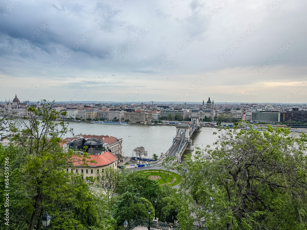 Beautiful View of Budapest with Széchenyi Chain Bridge from the Buda Castle Hill in Budapest, Hungary