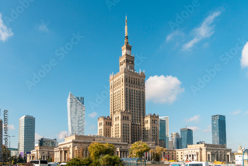Poland, Mazowieckie, Warsaw, Palace of Culture and Science and surrounding skyscrapers photo