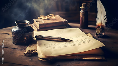 Old fountain pen, and old paper blank sheet and vintage inkwell on wooden desk in the old office . Retro style. Conceptual background on history, education, literature topics. generative ai. photo