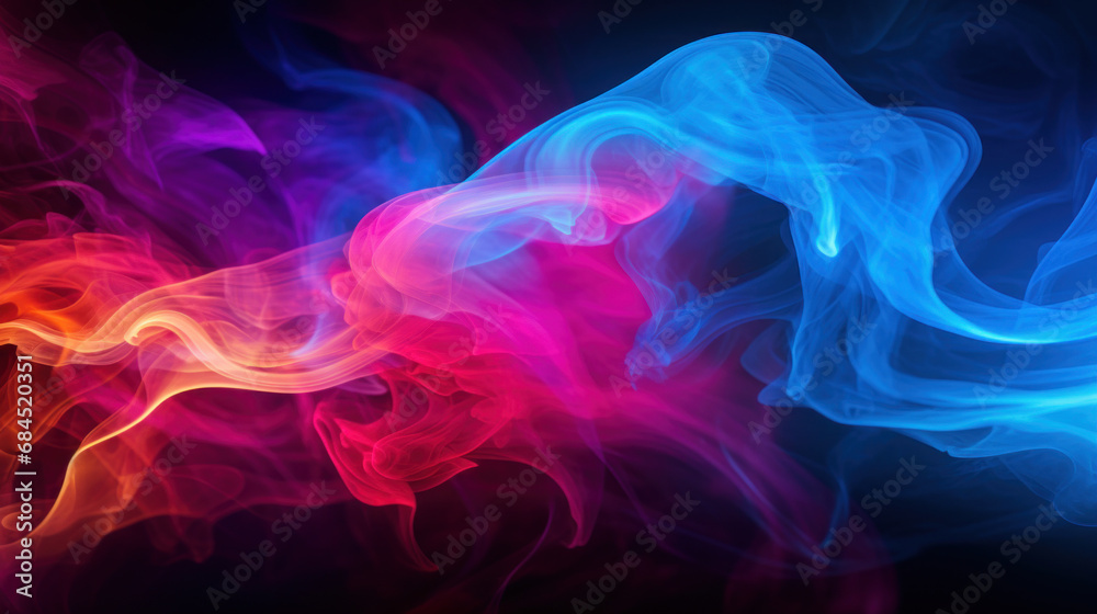 Multicolored smoke on black background. Pink, red, orange, blue and purple colors