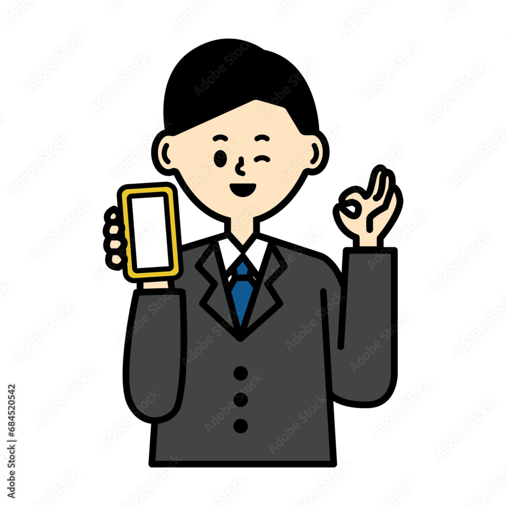 ビジネスパーソン　スマートフォン　OK スーツ　男性　イラスト　仕事	