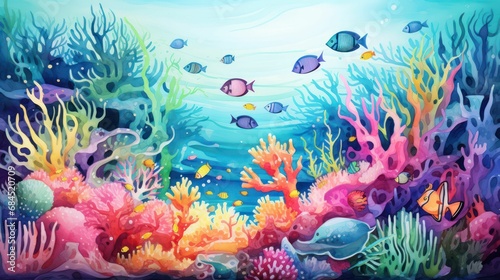 AI generated illustration of an underwater scene of a coral reef with a variety of sea life visible