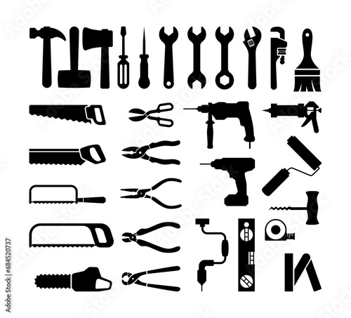 tool icon set with screw, wrench, pliers, hammer, drill clip art logo vector photo