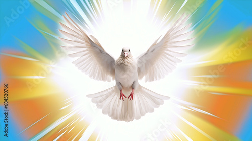 White dove of peace flying with wings spread open in sky of colorful flash bright sunburst explosion on a blue and yellow background, Solarizing light white and light crimson © Natural PNG