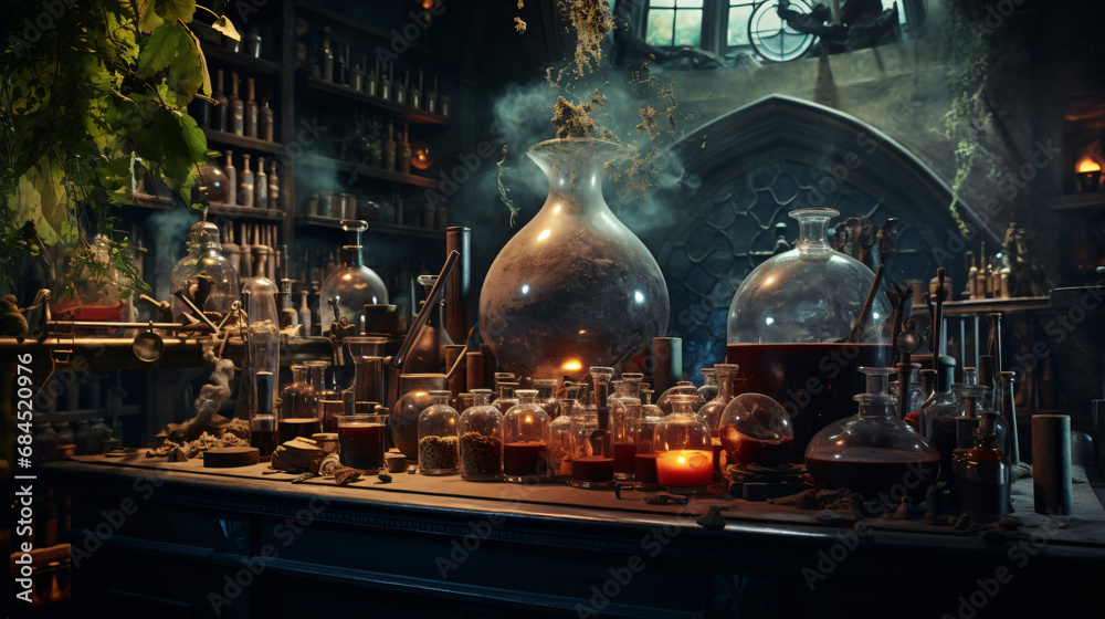 Collage image picture of alchemist lab with potio - obrazy, fototapety, plakaty 