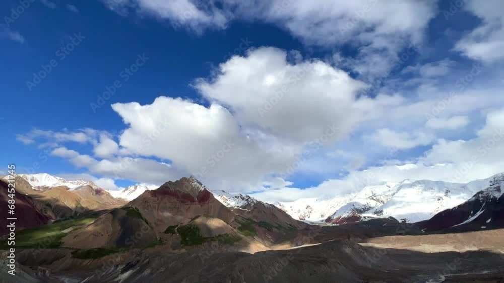 View of Lenin Peak, one of the highest peaks of Central Asia. The Pamir mountain system. Colorful Pamir mountains, mountain ranges, snow-capped peaks, glaciers and hills. Kyrgyzstan 4K View of Lenin Peak, one of the highest peaks of Central Asia. The Pamir mountain system. Colorful Pamir mountains, mountain ranges, snow-capped peaks, glaciers and hills. Kyrgyzstan 4K
