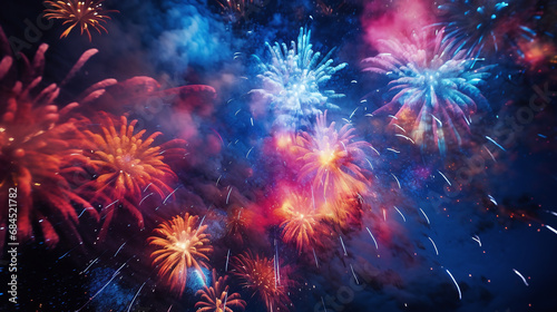 Vibrant fireworks display with bursts of red and blue against a night sky