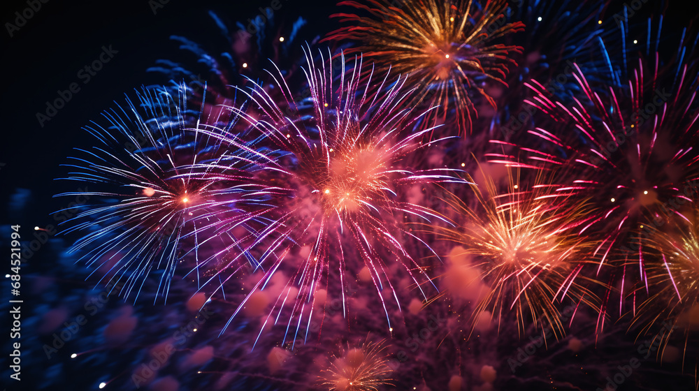 Vibrant fireworks display with bursts of red and blue against a night sky Vibrant fireworks display with bursts of red and blue against a night sky