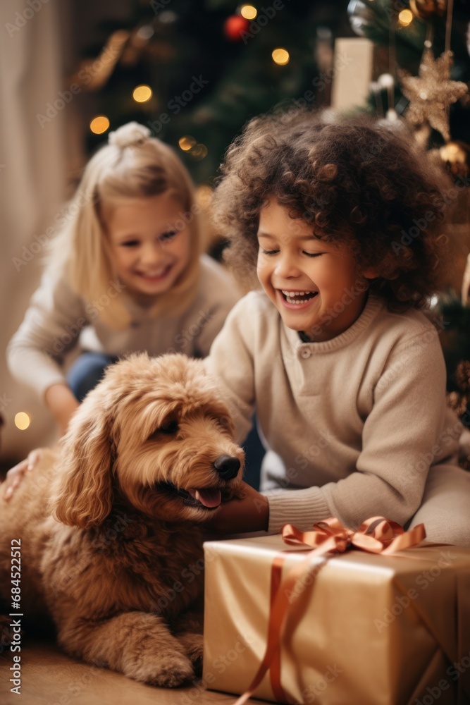 Christmas details - kids and their dog pets with lots of presents and gifts on christmas eve. Santa presents and details of joy. holiday spirit